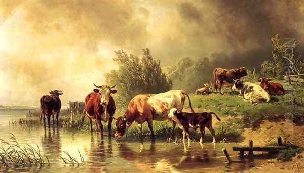 Cattle Watering by Stream under Darkening Skies Oil Painting by Friedrich Johann Voltz