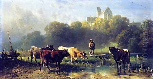 Cattle Watering at a Lake by a Fisherman and His Dog Oil Painting by Friedrich Johann Voltz