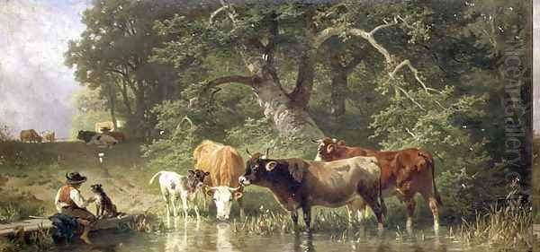 Cattle watering at a woodland pond, 1881 Oil Painting by Friedrich Johann Voltz