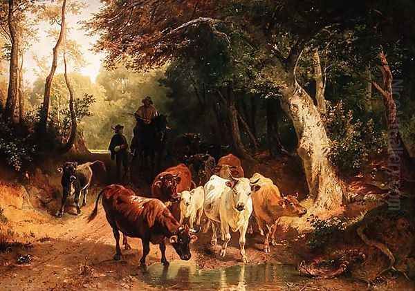 Cattle watering in a wooded landscape Oil Painting by Friedrich Johann Voltz