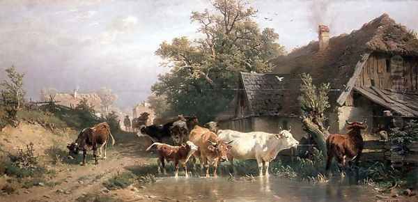 Cattle watering at a pond Oil Painting by Friedrich Johann Voltz