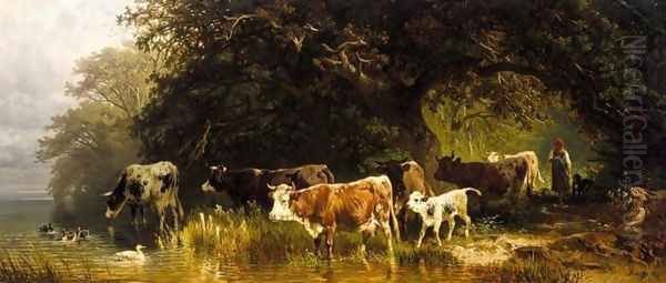 Driving the Herd to Water (Kuhe von einem Madchen zum Wasser Getrieben) Oil Painting by Friedrich Johann Voltz