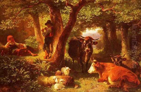 Waldmotiv Mit Kuhen (Forest scene with cows) Oil Painting by Friedrich Johann Voltz