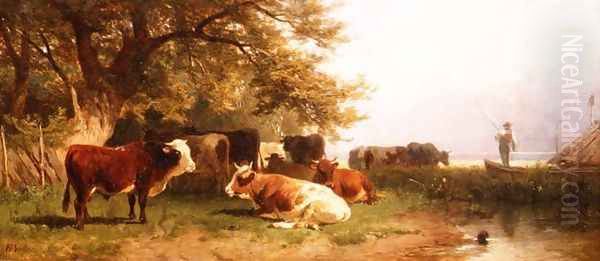 Cattle watering in a landscape Oil Painting by Friedrich Johann Voltz