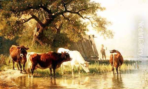 Cattle Watering in a River Landscape Oil Painting by Friedrich Johann Voltz