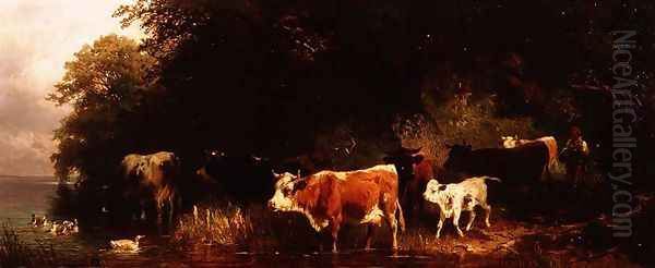 Wooded river landscape with drover and cattle watering Oil Painting by Friedrich Johann Voltz