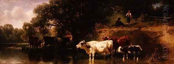 Cattle watering in a wooded landscape 2 Oil Painting by Friedrich Johann Voltz