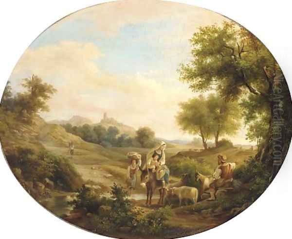 Travellers on the way home from market in an Italianate landscape Oil Painting by Friedrich Johann Voltz