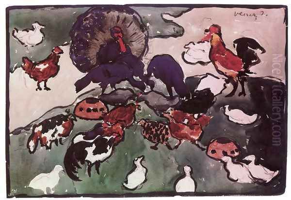 Poultry-run design for a tapestry c. 1904 Oil Painting by Janos Vaszary