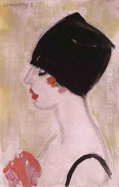 Woman in Profile with Black Turban Oil Painting by Janos Vaszary