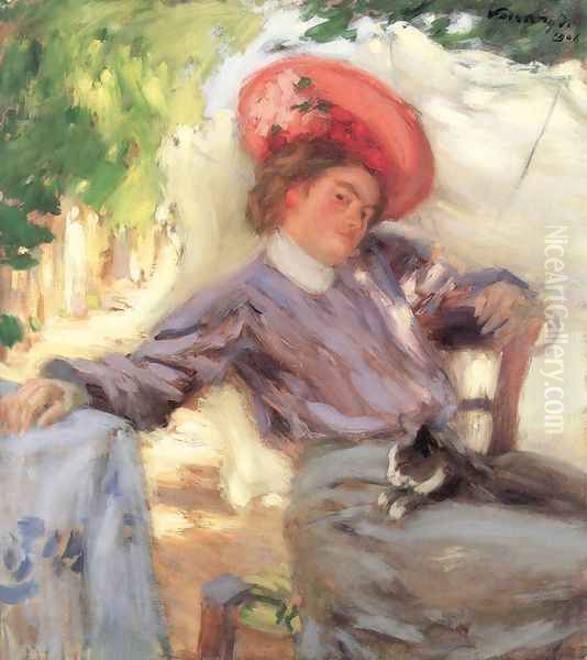 Portrait of a Woman Woman with Cat 1906 Oil Painting by Janos Vaszary