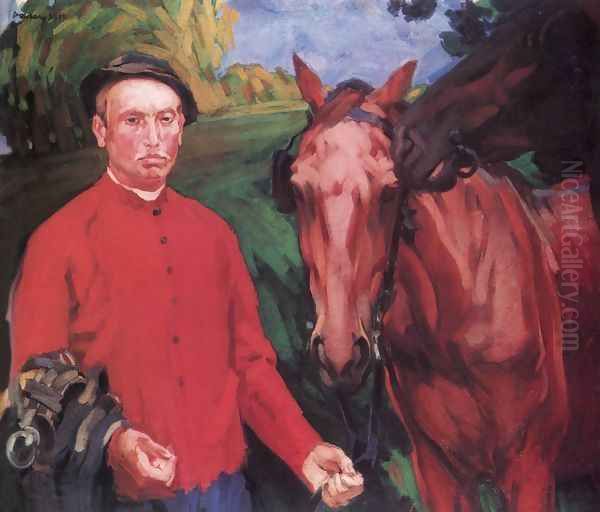 Young Man of Somogy with Horses 1904 Oil Painting by Janos Vaszary