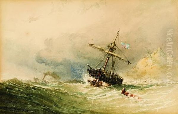 Distressed Ship In A Stormy Sea Oil Painting by John Callow