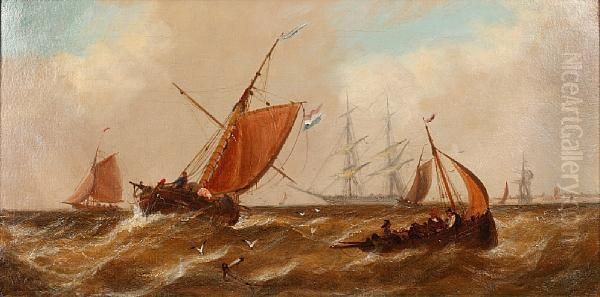 Sailing Vessels Off A Coast Oil Painting by John Callow