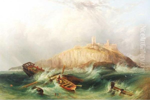 Shipwreck Off The Coat At Dunstanburgh Castle Oil Painting by John Callow