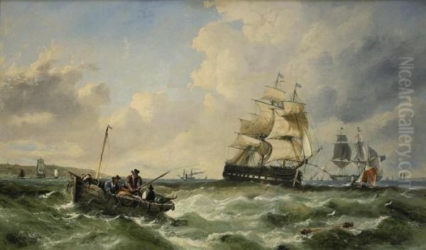 Warships And Fishing Boats In The Channel Off The South Coast Oil Painting by John Callow