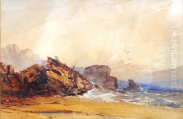 Shipwreck On A Rocky Beach Oil Painting by John Callow