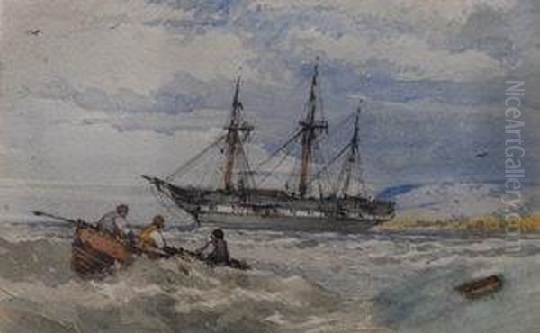 Sailors In A Boat With A Ship Moored Off A Headland Oil Painting by John Callow