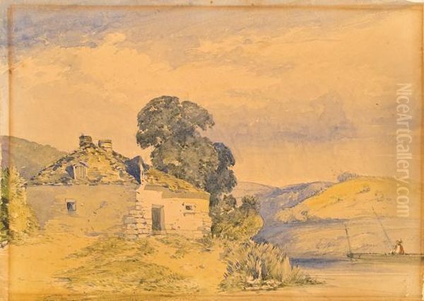 Landscape With Stone Cottage And Fishing Punt Oil Painting by John Callow