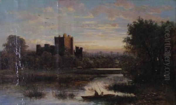 Leeds Castle, Kent England, With Figures In Boat Fishing On A Lake Oil Painting by John Callow