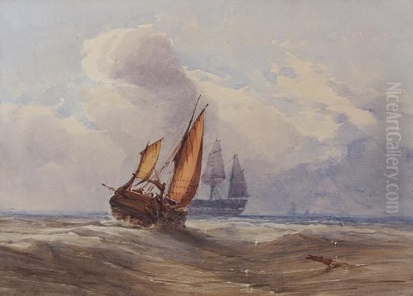 Sailing Barrge And Naval Frigate In A Stiffbreeze Oil Painting by John Callow