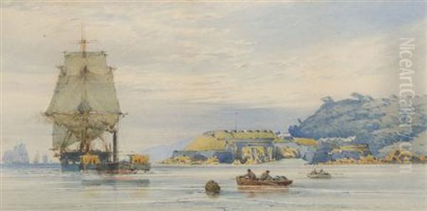 A Steam Tug Towing A Man O' War Off The Portsmouth Coastline Oil Painting by John Callow