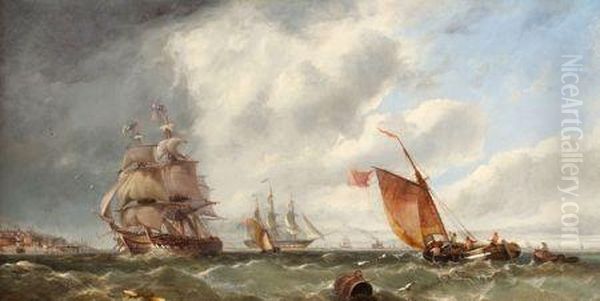 Busy Shipping Lane Off A Coastal Town Oil Painting by John Callow