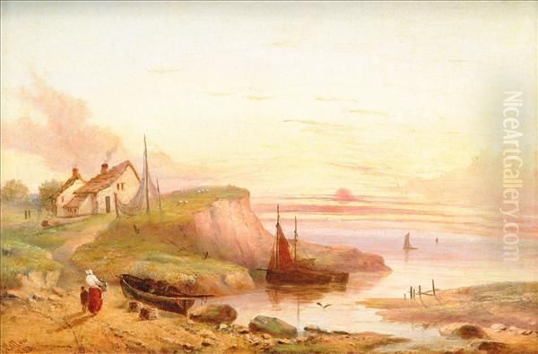 Landscape Withfigure Resting 
Beneath A Tree; A Fishing Village, Figures And Boatsat Low Tide A Pair Oil Painting by John Callow