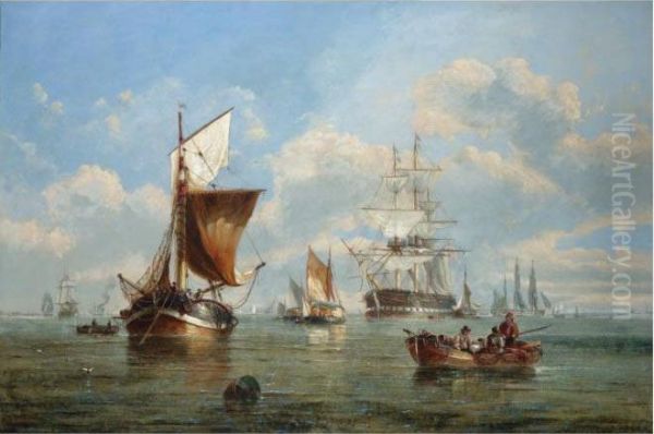 Shipping At Anchor Off The Coast Oil Painting by John Callow