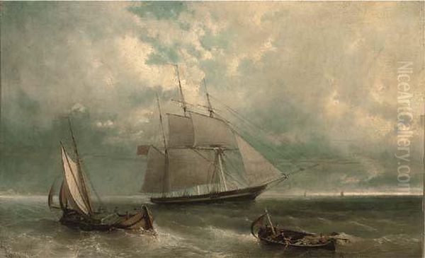 A British Merchantman Amidst Other Fishing Craft In Coastal Waters Oil Painting by John Callow