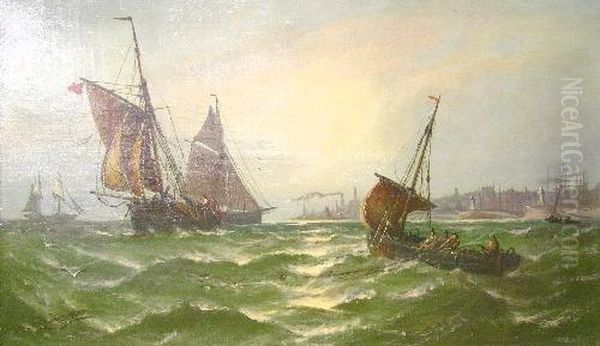 Fishing Boats Hauling In The Catch In A Stiff Breeze Off A Harbour Entrance Oil Painting by John Callow