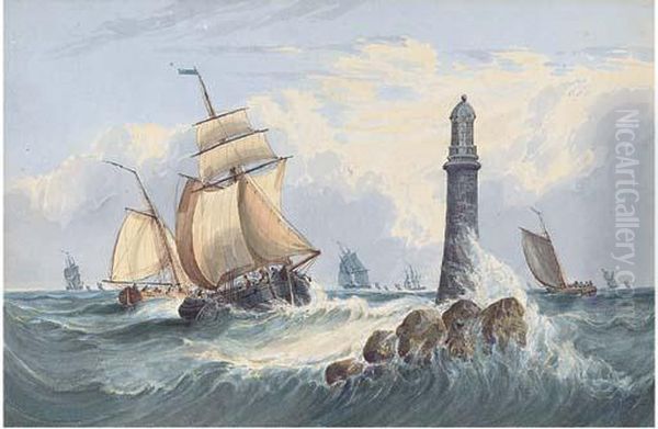 Traders And Other Vessels Off The Eddystone Lighthouse Oil Painting by John Callow