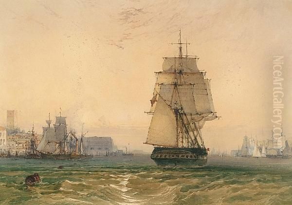 A British Frigate Making Sail Out Of A Mediterranean Port Oil Painting by John Callow