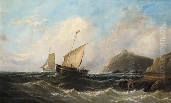 Fishermen Hauling In Their Nets Off A Rocky Headline Oil Painting by John Callow