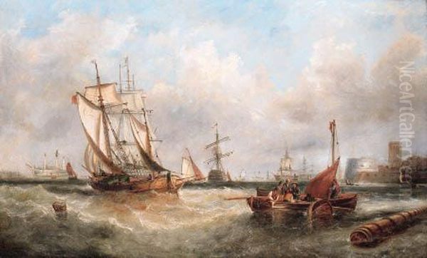 Shipping Before The Harbour Entrance At Portsmouth Oil Painting by John Callow