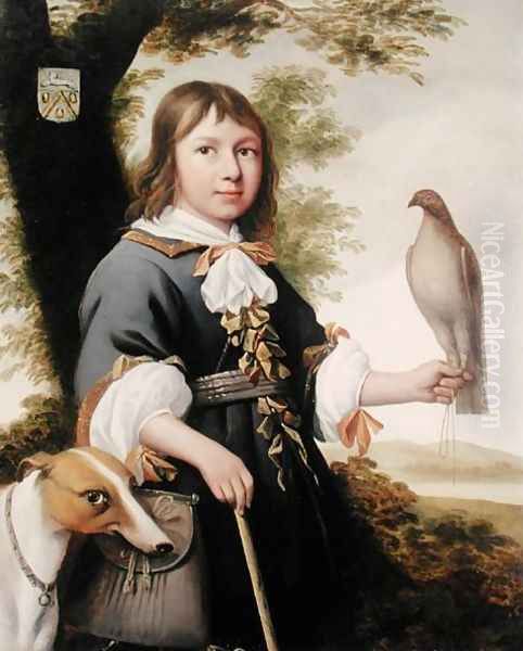 Boy with a falcon and a greyhound Oil Painting by Bernard Vaillant