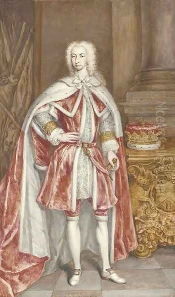 Portrait of Edmund, Duke of Buckingham (1715-1735), full-length, in state dress with ducal coronet, in an interior Oil Painting by George Vertue