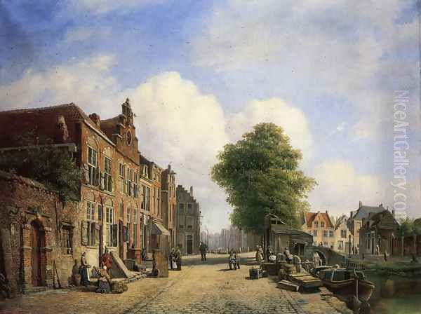 A View in a Town with Townsfolk on a Street along a Canal Oil Painting by Marinus van Raden