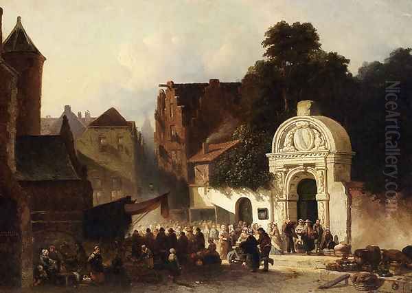 A Busy Market In A Dutch Town Oil Painting by Jacobus Adrianus Vrolijk