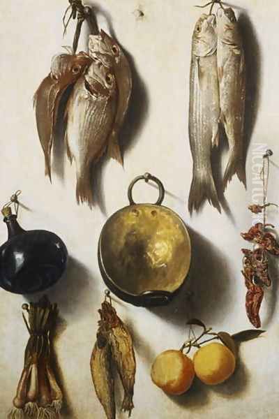 A Trompe LOeil of Fish, Cooking Utensils, Vegetables and Fruit Oil Painting by Vicente Victoria or Vitoria