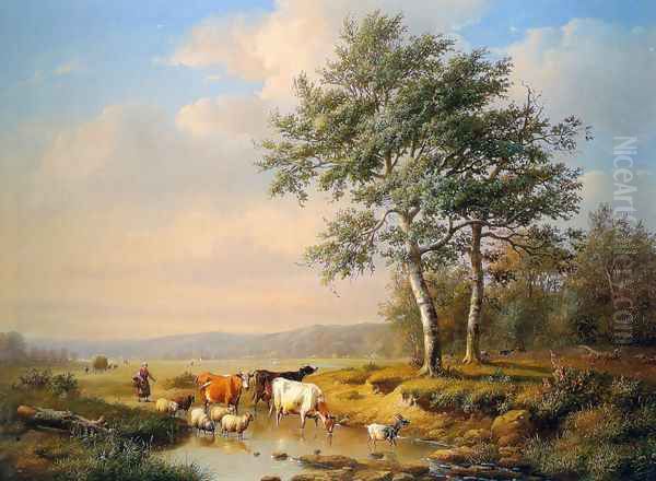 An Extensive Landscape with Cattle Watering Oil Painting by Louis Pierre Verwee