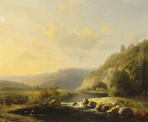 A extensive mountainous river landscape with a shepherd wading through a river Oil Painting by Louis Pierre Verwee