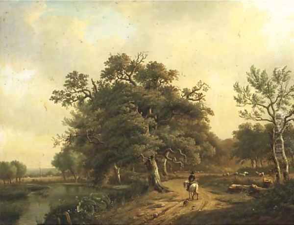 A horseman and his dog on a country lane Oil Painting by Louis Pierre Verwee