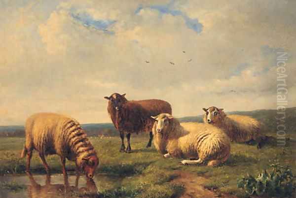 Sheep resting in a Meadow Oil Painting by Louis Pierre Verwee