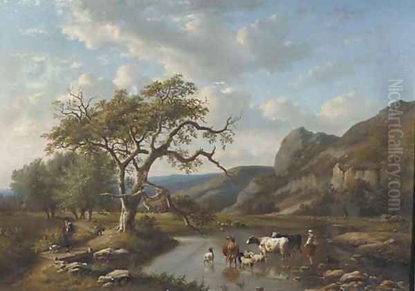 Cattle crossing a ford in a valley with travellers on a sandy track nearby Oil Painting by Louis Pierre Verwee