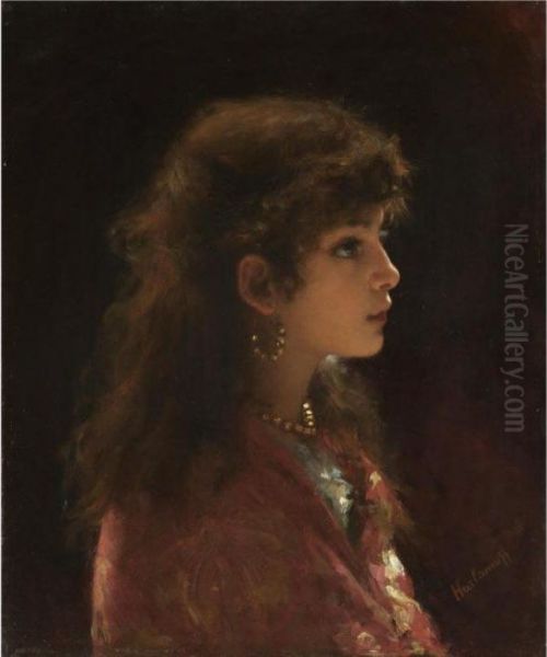 Young Girl In Profile Oil Painting by Alexei Alexeivich Harlamoff