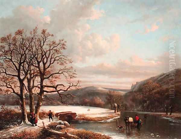 Figures crossing a frozen river Oil Painting by Louis Pierre Verwee