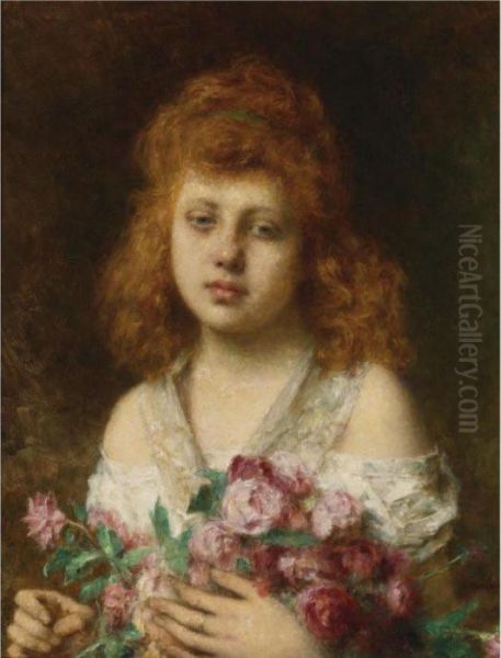 Auburn Haired Beauty Holding Red Roses Oil Painting by Alexei Alexeivich Harlamoff