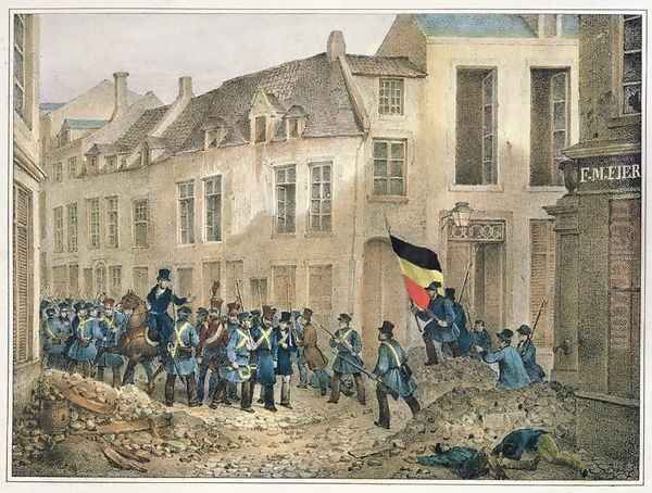 The Rue de Louvain, Brussels, 23rd September 1830, engraved by A.M. Jobard (fl.1820-30) Oil Painting by Jean-Louis Van Hemelryck