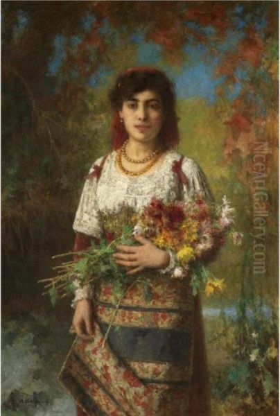 Gypsy Girl With Flowers Oil Painting by Alexei Alexeivich Harlamoff